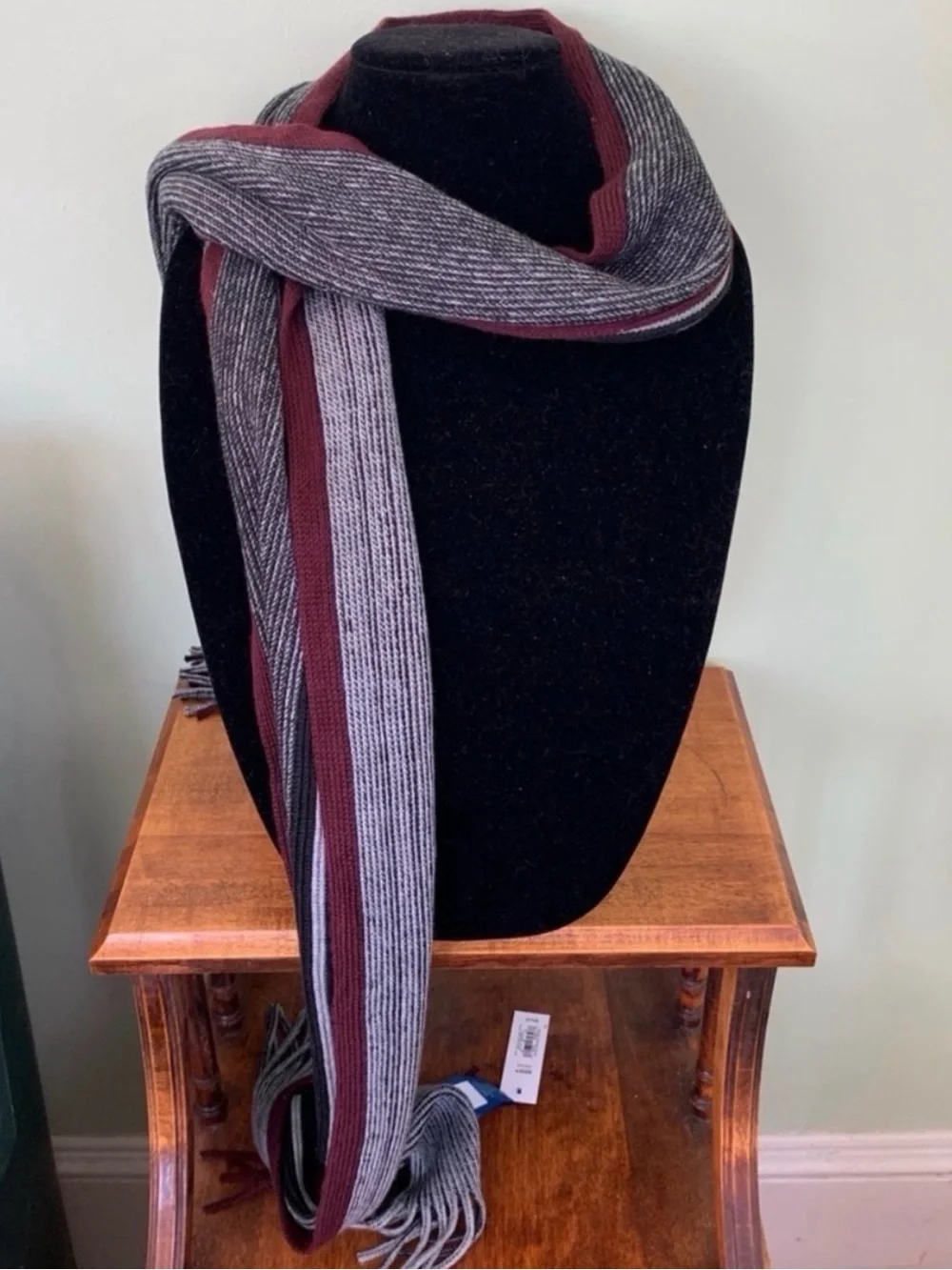 Men's Striped Knit Scarf in Gray and Dark Red